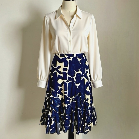 Fuzzi Dresses & Skirts - Fuzzi Jean Paul Gaultier Ruffle Mesh Midi Skirt Navy Ivory Abstract Print Medium